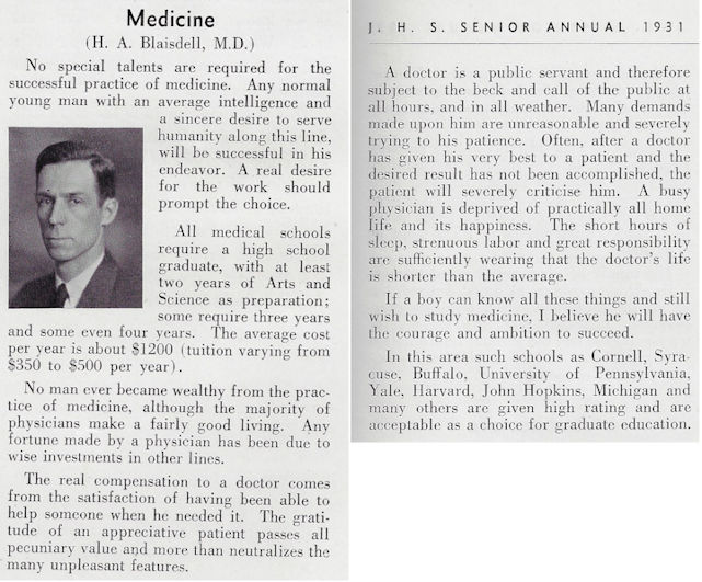 Dr. Blaisdell offered advice on pursuing a medical career in this 1931 article.
