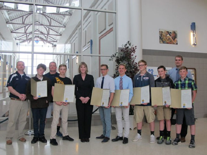 Members of the Chautauqua Lake/Panama/Westfield Varsity Wrestling Team are presented with legislative recognition from Sen. Catharine Young for earning the 2015-16 Joe Annarella Team Sportsmanship Award.