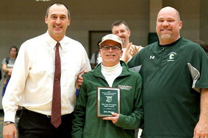 Jim Riggs, center, is flanked by Keith Martin, Jamestown Community College Athletic Director, left, and George Sisson, JCC men's basketball coach.