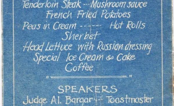 1927 Jamestown Baseball Association banquet menu