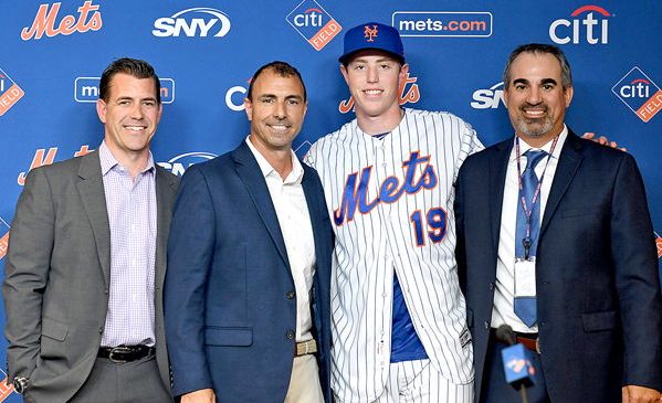 Marc Tramuta, far right, is pictured with, from left: Brodie Van Wagenen, Mets general manager; Tommy Tanous, Mets vice president of international and amateur scouting; and Brett Baty, 2019 Mets first-round pick.