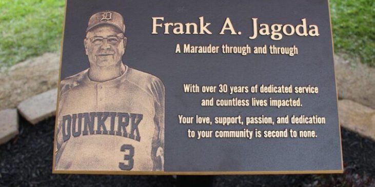 Plaque at at Dunkirk High School baseball field.