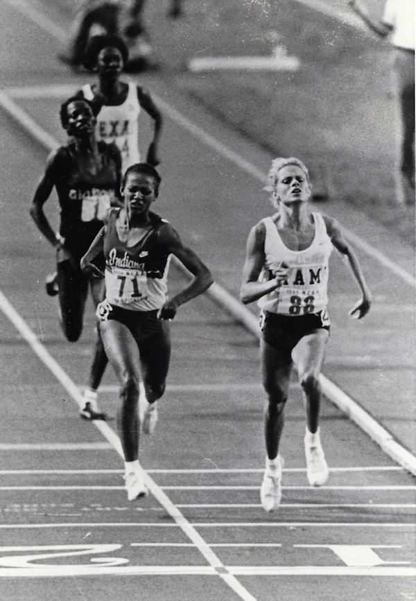 Jamestown native and Miami (Ohio) University 800-meter runner Karen Bakewell, right, nears the finish line.