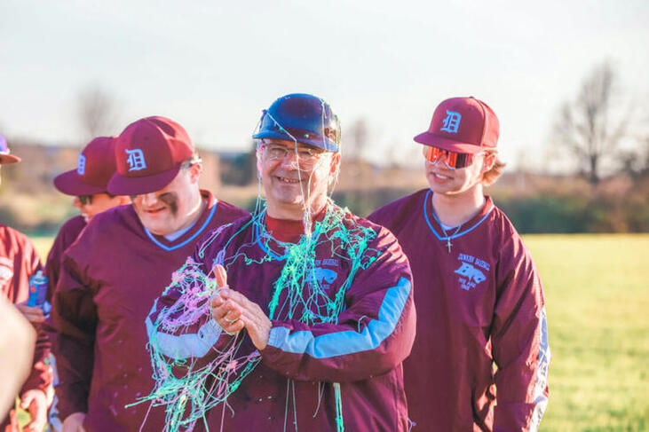 Dunkirk baseball head coach Frank Jagoda is covered in Silly String.