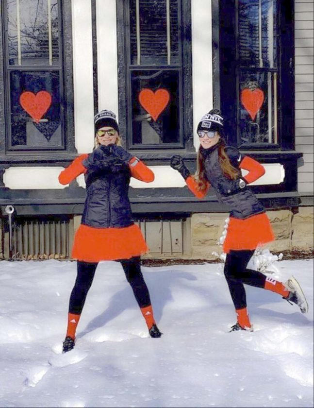 Fredonia residents Jackie Correale, left, and Jennifer Donato donned red outfits to celebrate Valentine’s Day.