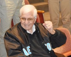 Russell E. Diethrick Jr. pumps his fist during a birthday celebration Wednesday at the Robert H. Jackson Center in Jamestown. October 9, 2024. P-J photo by Scott Kindberg. Russell E. Diethrick Jr. pumps his fist during a birthday celebration Wednesday at the Robert H. Jackson Center in Jamestown. October 9, 2024.