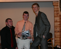 CSHOF 2011 Awards Banquet. Alex Wissman, left, and Collin Kennedy, center, from Jamestown Raiders hockey team and Tyler Myers. February 21, 2010. CSHOF 2011 Awards Banquet. February 21, 2010.