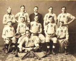 1908 Falconer High School baseball team. Top Row: Fred Williams, Elmer Ford, Professor Raynor, Walter Tansley, Burt Smith.
Middle Row: Sherman Jacobson, George Bohman, Hugh Bedient, David Bennett, Sherman Fuller.
Bottom Row: Leslie Johnson 1908 Falconer High School baseball team.