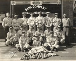 This is the 1938 Sans Company baseball team that won the City League Class AA title. It is essentially the same group of
players that won the Chautauqua County title that same year playing as Ashville. TOP ROW: Gib Sandberg (sponsor),
Leo Squinn, Kenny "Murphy" Johnson, Bud Underwood, Harlan "Hank" Weiss, Carl Allenson, Henry Firth, Harold Sanford
(sponsor) . MIDDLE ROW: Ernie Anderson, Austin "Punxy" Oliver, Eddie Mancuso, Phil Mula, Morris "Moody"
Garfield, Elmer "Dutch" Lloyd. FRONT ROW: Carl "Roque" Rosean, Larry Ross (batboy), Stacey Ross (manager)
<br/>Photo courtesy Larry Ross. 1938 Sans Company baseball team that won the City League Class AA title