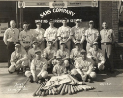 This is the 1938 Sans Company baseball team that won the City League Class AA title. It is essentially the same group of
players that won the Chautauqua County title that same year playing as Ashville. TOP ROW: Gib Sandberg (sponsor),
Leo Squinn, Kenny "Murphy" Johnson, Bud Underwood, Harlan "Hank" Weiss, Carl Allenson, Henry Firth, Harold Sanford
(sponsor) . MIDDLE ROW: Ernie Anderson, Austin "Punxy" Oliver, Eddie Mancuso, Phil Mula, Morris "Moody"
Garfield, Elmer "Dutch" Lloyd. FRONT ROW: Carl "Roque" Rosean, Larry Ross (batboy), Stacey Ross (manager)
<br/>Photo courtesy Larry Ross. 1938 Sans Company baseball team that won the City League Class AA title