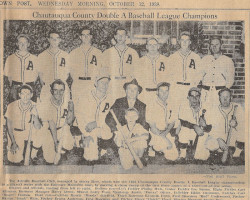 Leo Squinn is second from the left in the bottom row. 1938 County League Class AA Champions. <em>Jamestown Post</em>, October 12,1938.
News clipping courtesy Larry Ross. 1938 County League Class AA Champions. Leo Squinn is second from the left in the bottom row.