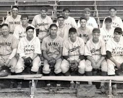 The 1944 Jamestown Boosters included four CSHOF inductees: Leo Squinn in top row, far left; Les James in top row, third from left; Lou Brown in top row, far right; and Joe Nagle in middle row, far right. 1944 Jamestown Boosters