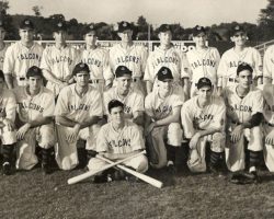 Mark Hammond is standing on the far left of the back row in this photo of the 1945 Jamestown Falcons. 1945 Jamestown Falcons with Mark Hammond standing on the far left of the back row