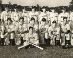 The 1945 Jamestown Falcons include Lyle Parkhurst, second from right in the back row. 1945 Jamestown Falcons baseball team.