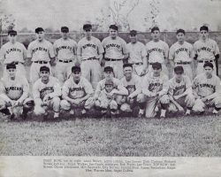 1946 Steel Partitions Bombers. First row, left to right: Louis Brown, Larry LaJohn, Les James, Dick Carlson, Richard Brown, bat boy; Frank Walker, Joe Nagle, manager; Bob Fredo, Les Town. Top row: Bob Brown, Oliver Strickland, Milt Reynolds, Elly Norton, Harold Pratt, James Penhollow, Ralph Mee, Warren Mee, Roger DuBois. 1946 Steel Partitions Bombers.