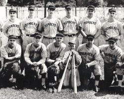 1946 Steel Partition Bombers. BACK ROW: Lou Brown, Laurie LaJohn, Bob Ingerson, Les James, Elly Norton, Harold "Lefty" Pratt, Ralph Mee, Bob Fredo FRONT ROW: Bob Brown, Bob Bender, Mark Hoskins, Frank Weller, Rick Brown (batboy), Les Town, Joe Nagle, Warren Mee. 1946 Steel Partition Bombers.