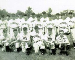 1947 Jamestown Steel Partition Bombers (NYS Semi-Pro Baseball Champions). Back row: Laurie LaJohn, Les James, Lefty Pratt, Elly Norton, Frank Walker, Lou Brown. Middle row: Bob Fredo, Dick Ressler, Rog DuBois, Joe Bender, Don Nagle, Bob Brown. Front row: Ralph Mee, Warren Mee, Les Town, Joe Nagle, Bob Bender, Ralph Mallare (business manager). 1947 Steel Partiion Bombers