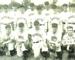 1947 Steel Partition Bombers. BACK ROW: Laurie LaJohn, Les James, Lefty Pratt, Elly Norton, Frank Walker, Lou Brown. MIDDLE ROW: Bob Fredo, Dick Ressler, Rog DuBois, Joe Bender, Don Nagle, Bob Brown. FRONT ROW: Ralph Mee, Warren Mee, Les Town, Joe Nagle, Bob Bender, Ralph Mallare (business manager) 1947 Steel Partition