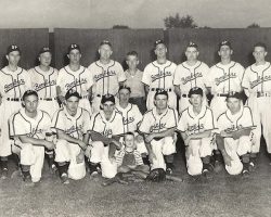 1948 Steel Partition Bombers. Standing: Merlin Peterson, Steve Dankowicz, Clay Sorenson,
Marsh Studd, Frank Smerkar, Ralph Millard, Lefty Pratt, Les
James, Bob Brown, Ralph Mee.
Kneeling: Warren Mee, Bob Fredo, Rog DuBois, Joe Nagle, Bob
Bender, Don Nagle, Joe Bender, Billy Brown.
Photo courtesy of Tom Nagle. 1948 Steel Partition