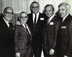 Temple Hesed Abraham sports dinner at Hotel Jamestown. 1971.
Left to right: Danny Menendez, Montreal Expos farm director,
Eric Goguen, Jamestown Furniture City Baseball (Jamestown Falcons),
George Sisler, Jr., International League President,
Jim Fanning, Montreal Expos General Manager,
Russ Diethrick, Jamestown Furniture City Baseball (Jamestown Falcons). Temple Hessed Abraham dinner. 1971.