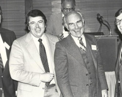 CSHOF Awards Banquet. Left to right: Lou Groza (Cleveland Browns) Tom Eakin (emcee), Jim Fanning (Montreal Expos), Bruce Scolton (CSHOF secretary). February 8, 1982. CSHOF Awards Banquet, February 8, 1982
