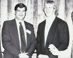 CSHOF Awards Banquet, February 7, 1983. Left to right: Bob Gebhard (Montreal Expos), Sam McDowell (Cleveland Indians), Justin Cross (Buffalo Bills), Steve Blass (Pittsburgh Pirates). CSHOF Awards Banquet, February 7, 1983