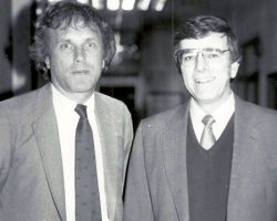 CSHOF Awards Banquet. Left to right: Bob Rich (Buffalo Bisons), Ted Darling (Buffalo Sabres). January 30, 1985. CSHOF Awards Banquet, January 30, 1985.