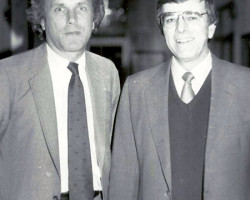 CSHOF Awards Banquet. Left to right: Bob Rich (Buffalo Bisons), Ted Darling (Buffalo Sabres). January 30, 1985. CSHOF Awards Banquet, January 30, 1985.