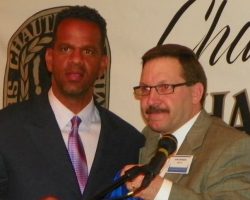 CSHOF 2012 Awards Banquet. Andre Reed and Chip Johnson. Photo courtesy Heidi Anderson. February 20, 2012. CSHOF 2012 Awards Banquet. February 20, 2012..