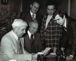 Signing of the papers to allow Jamestown Babe Ruth League to host the first Babe Ruth World Series (in 1980) at College Stadium. Montreal Expos, holder of the lease with the City to use College Stadium, had to agree to allow JBR use of the facilities. 1979 . Seated: Russ Diethrick (JBR) & Jim Fanning (General Manager, Montreal Expos)
Standing: Ray Angle & Tony Raffa (JBR) with Rick Sotir (City of Jamestown corporation counsel). Signing of the papers to allow Jamestown Babe Ruth League to host the first Babe Ruth World Series (in 1980). 1979.