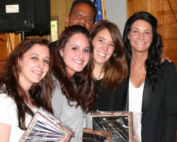 CSHOF 2012 Awards Banquet. JCC swimmers Beckstrom, Molfino, Torres, and Warner with Andre Reed. Photo courtesy Heidi Anderson. February 20, 2012. CSHOF 2012 Awards Banquet. February 20, 2012.