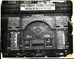 Hugh Bedient is at the bottom of the batting order on this 1912 World Series photo of a Playograph. Bedientplay-o-graph