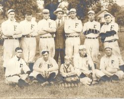 Bedient’s Falconer High Baseball Team (1908?)<br />Top row, left to right: C. Young, Hugh Bedient, Jim Foley, Dr. Smith, R. Smith, Bob Young, R. Lindholm Bottom row, left to right: Eddie Mattison, Eckert, batboy Harold Simpson, E. Hunt, F. Connelly Bedient's Falconer High team