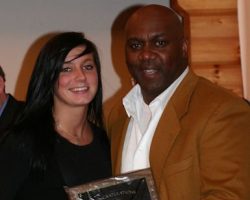 CSHOF 2010 Awards Banquet. Lacy Blocker with Thurman Thomas - photo courtesy of Jim Riggs. February 15, 2010. CSHOF 2010 Awards Banquet. February 15, 2010.