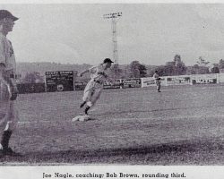Joe Nagle coaching, Bob Brown rounding third, 1947. Bob Brown, JoeNagle, 1947
