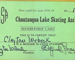 1938-39Chautauqua Lake Skating Association membership card CLSA 1938-39