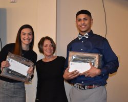 Giovanna Calamunci and Demarri Jones (Jamestown High School) with Judith Present Swanson - 2020 Ted Olsen/Bill Present Legacy Award - Outstanding JHS Student-Athletes. Calamunci-Swanson-Jones