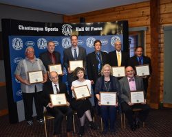 CSHOF 2020 Inductees - Back row: Bob Goold, Tim Nobles , Justin Johnson, Mark Bataitis, Mark Orlando , Mike Tramuta - Front row: Elly Norton, Paula Bataitis Kirsch, Christine Carlson Jenkins, Gregg Bender. Class-of-2020
