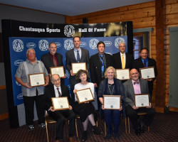 CSHOF 2020 Inductees - Back row: Bob Goold, Tim Nobles , Justin Johnson, Mark Bataitis, Mark Orlando , Mike Tramuta - Front row: Elly Norton, Paula Bataitis Kirsch, Christine Carlson Jenkins, Gregg Bender. Class-of-2020