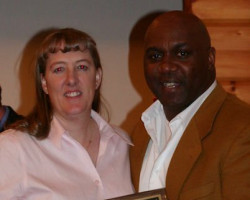 CSHOF 2010 Awards Banquet. Tiffany Decker with Thurman Thomas - photo courtesy of Jim Riggs. February 15, 2010. CSHOF 2010 Awards Banquet. February 15, 2010.