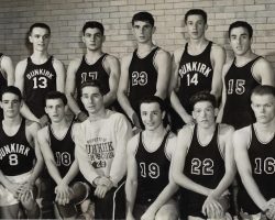 1956 Dunkirk High School basketball team. Al Stuhlmiller is wearing the white sweatshirt in the middle of the front row. It was his first year of coaching at DHS. Pete Criscione is #19 beside the coach. 1956 Dunkirk High School basketball team.