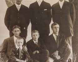 Photo circa 1906 - 7 Ehmke brothers. Back row: Frank, Albert, Harry. Front row: Charlie, Clifford, Howard, Lester. (Howard also had 4 sisters.) Photo courtesy of Vince Martonis, Town of Hanover Historian. Photo circa 1906 - 7 Ehmke brothers.