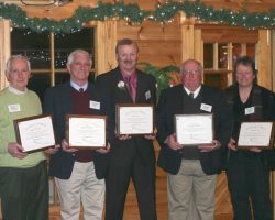CSHOF 2011 Awards Banquet. From left: Roger MacTavish, Bob Wisniewski, Jim Mee,<br/>Karl Gustafson, grandson of the late Billy Webb, and Cathy Farrell. February 21, 2010. CSHOF 2011 Awards Banquet. February 21, 2010.
