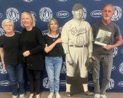 Members of Harry Martenson's family donated a life-size cutout of Harry when he played for the 1927 Jamestown Chairs baseball team.
From left: Sheila Brinkley (daughter), Christine Martenson (granddaughter), Susan Martenson (granddaughter), Harry, Gregg Holomakoff (grandson-in-law). Members of Harry Martenson's family donated a life-size cutout of Harry.