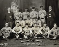 1927 Jamestown Chairs baseball team. Back row: Larry Swanson, Glen Garfield, Bud Vandeworth, Howard Connor, Harold Schenck, G. Swanson. Middle row: Harry Martenson, Carl Anderrson, Henry Conroe. Front row: Walter Black, Ernie Hook, Vern Larson, Joe Nagle, Carl Rosean, Red Alm. 1927 Jamestown Chairs baseball team .