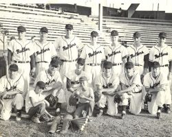 Marlin-Rockwell Rollers baseball team, 1956.
Back row: Dick Allen, Ted Wyberanec, Don Sundlov, Dick Ringer, Jack Fulford, unknown, Russ Diethrick.
Middle row: Len Housler, unknown, Jimmy Gordon, Bill Handzel, George Parsons, Tom Hurst. Batboys: Steve Johnson, Joe Loverme. Marlin-Rockwell Rollers baseball team, 1956.