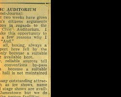 1946 letter to newspaper supporting a civic auditorium from Clayt Webeck Readers' Forum 1946