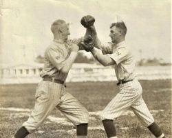Two Jamestown boys, Swat Erickson and Leon Carlson, both pitchers for the 1920 Washington Senators, having a little fun. Swat Erickson and Leon Carlson