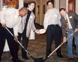 CSHOF Awards Banquet. Left to right: Mark Maddox (Buffalo Bills), Brad May (Buffalo Sabres), Bob Boughner (Buffalo Sabres), Steve Tasker (Buffalo Bills). February 17 , 1997. CSHOF Awards Banquet, February 17 , 1997.