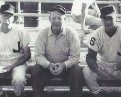 1966 New York State 13 yr. old Babe Ruth championship team coaching staff. Left to right: Chuck Moran (coach),
John Newman (manager) and Don Abrahamson (coach). 1966 coaching staff